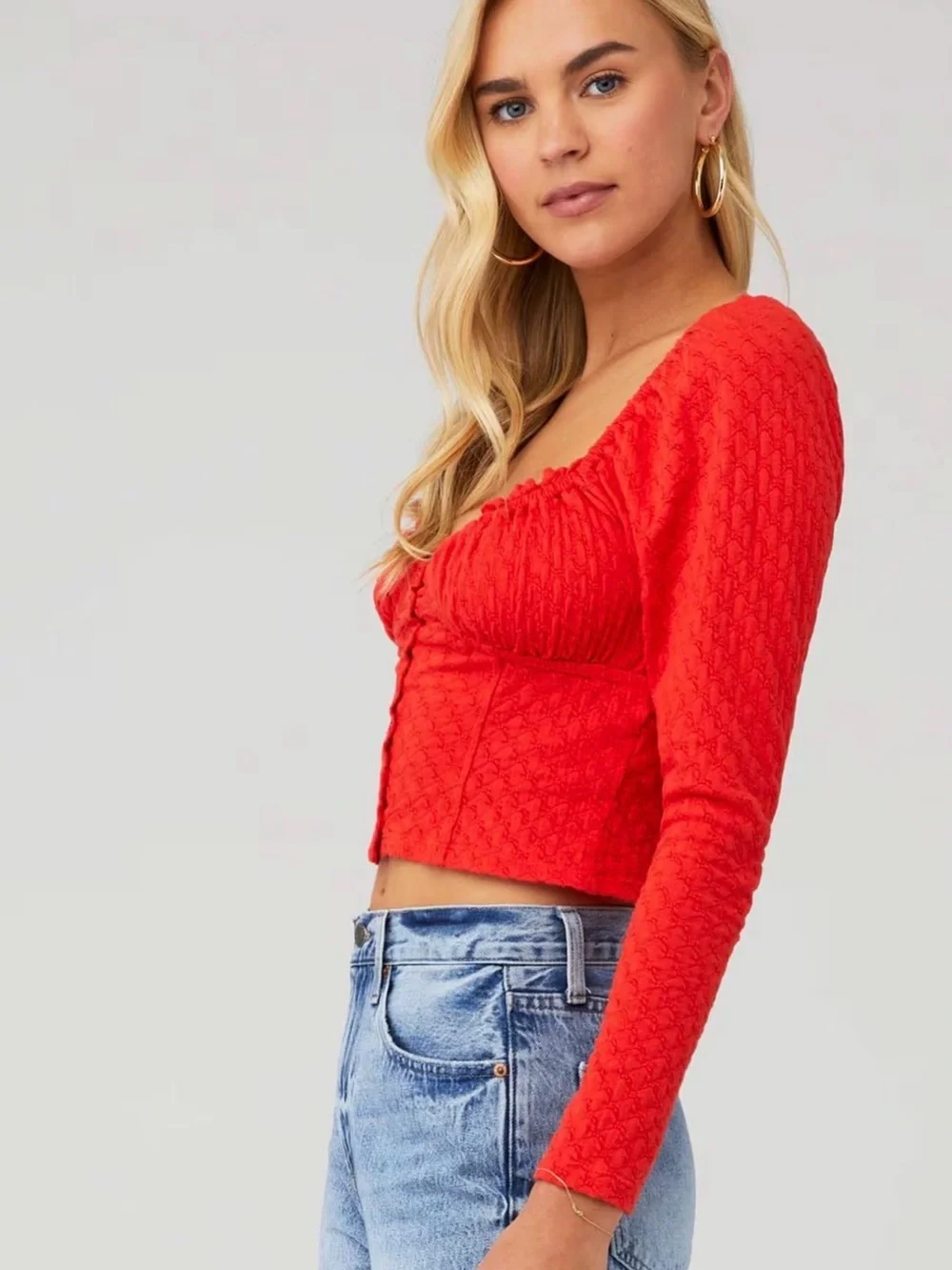 Free People Ladybug Red Long-Sleeve Cropped Button Front Top, guc, sz Xs
